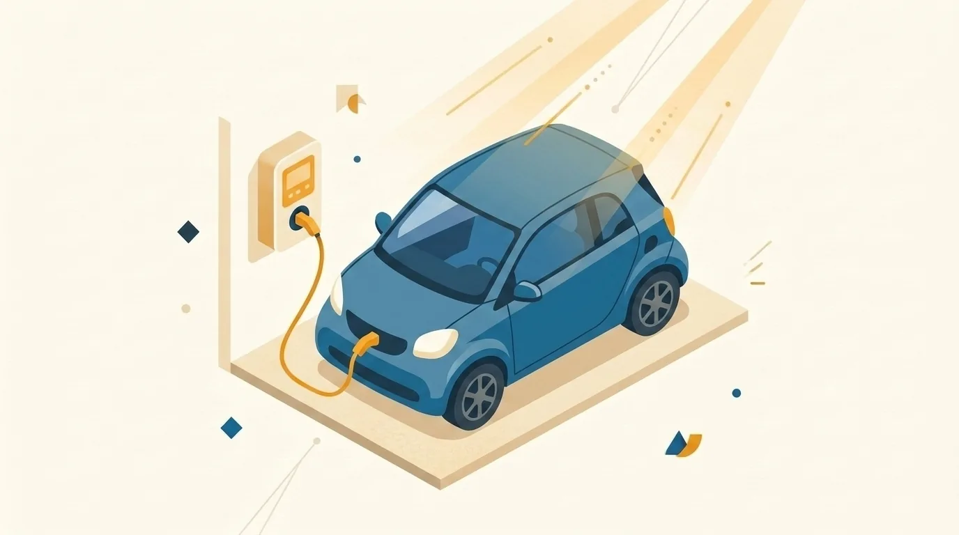 Coche eléctrico cargando en un punto de recarga público con el logotipo del plan MOVES III y mapa de estaciones en España